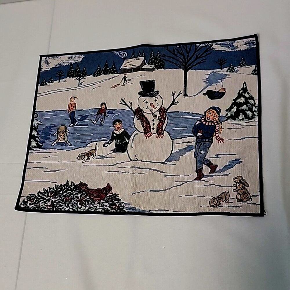 Snow Day Wintertime Scene Placemat Children Playing Ice Skating Snowman 17.5x13"